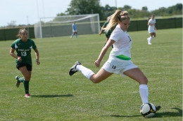 Madison Murray '16 takes a shot on goal. The Women's Soccer Team had a busy week, losing games to Monmouth and Princeton and defeating Wagner. Patriot League play begins next Saturday against Lehigh.