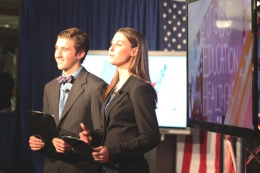 Anchors Alex Charchalis '15 and Maddie Laskoski '13 prepare to go live on election night.