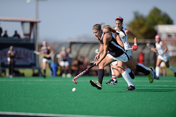 Junior Abby Stefanides breaks away from the Lehigh defense en route to the goal. [Photo Courtesy of Lafayette Athletic Communications]