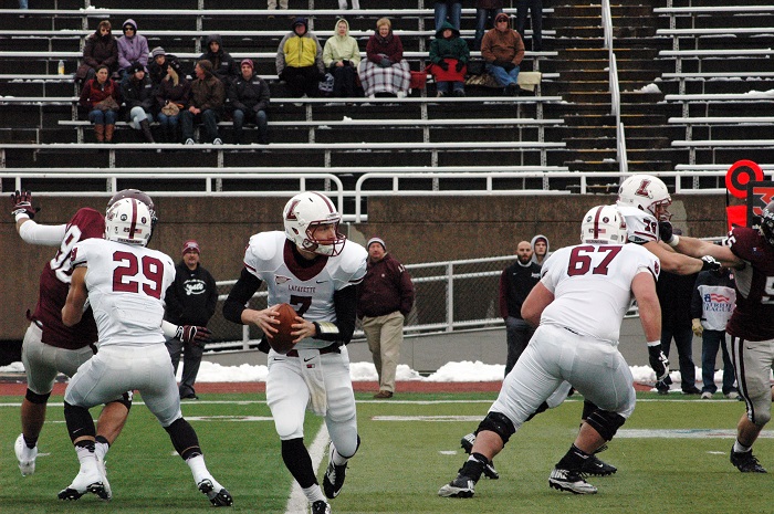 Sophomore quarterback Drew Reed steps back to throw as he eyes a target downfield. [Photo Courtesy of Lafayette Athletic Communications] 