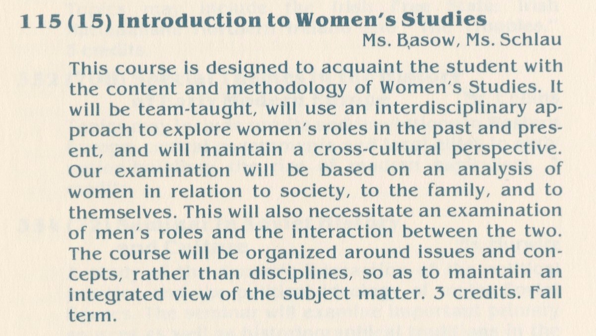 A course description for the first Women’s Studies class. [Photo courtesy of Lafayette Archives]
